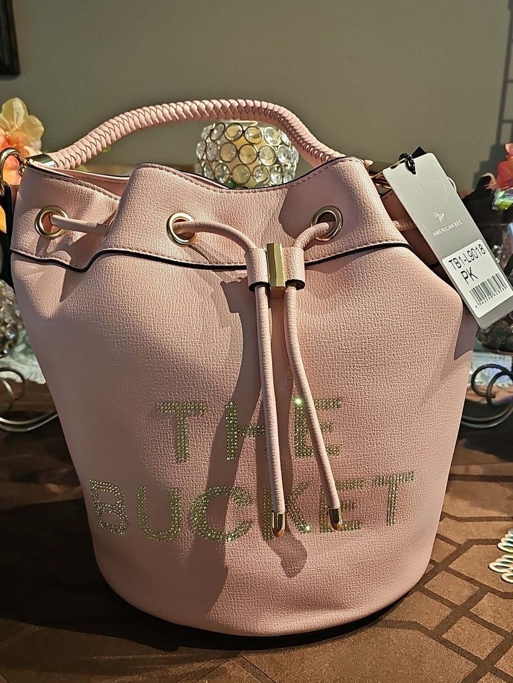 Pink Drawstring Bucket Hobo Bag with Braided Handle